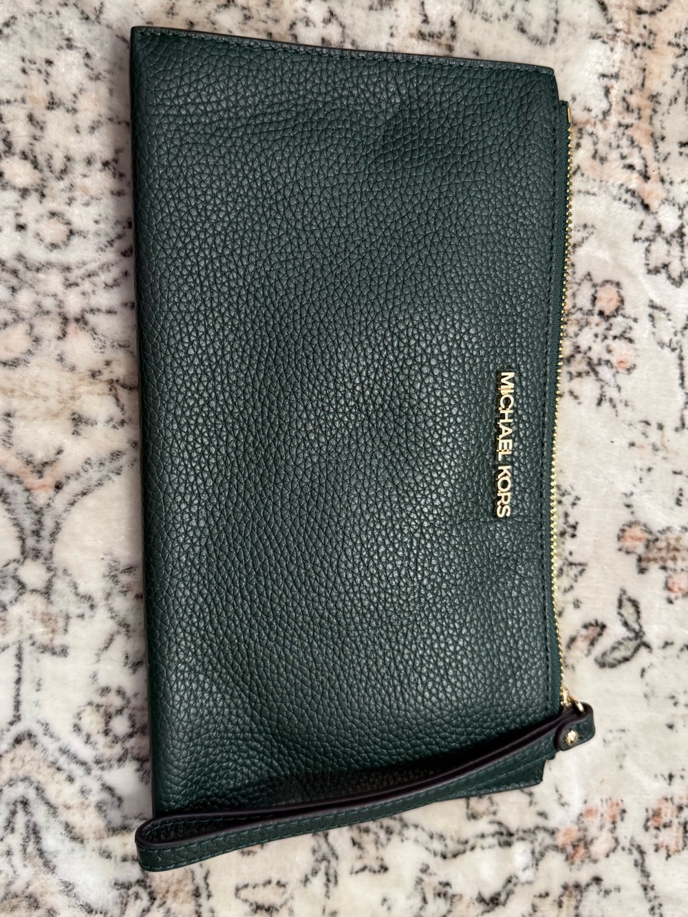 Michael Kors Forest Green Pebbled Leather Wristlet Clutch with Gold Hardware